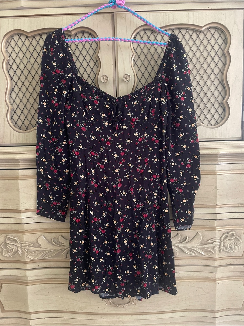 Reformation Sydney Black Mini Dress with Red and Cream Floral Print